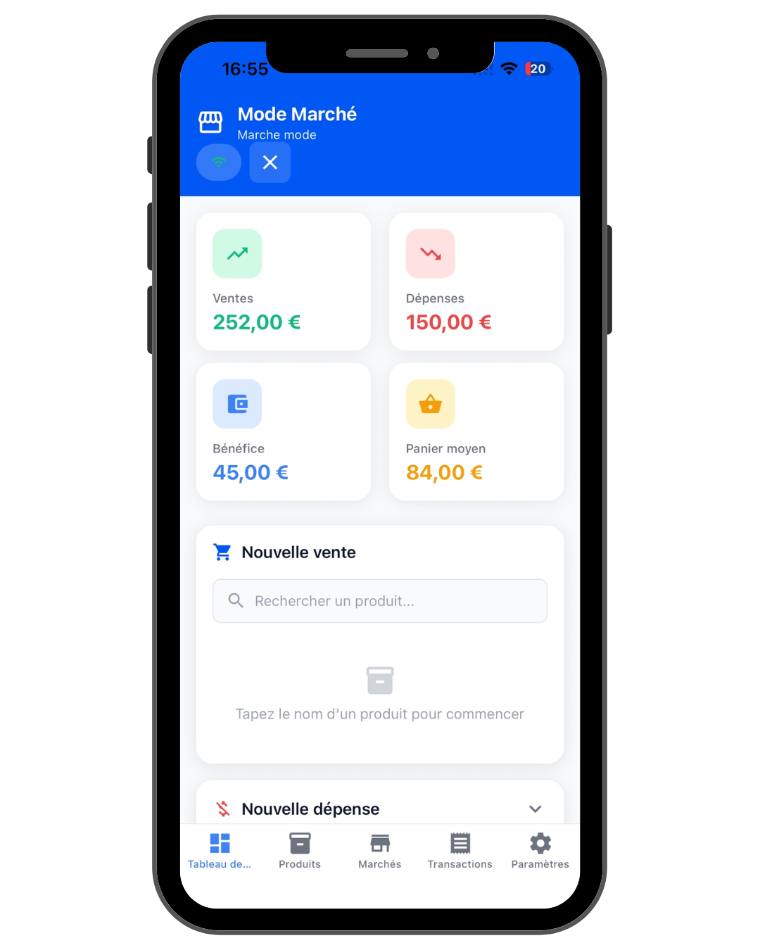 Application mobile Comptartisan - Mode Marché pour artisans - Interface de vente sur marché avec suivi du chiffre d'affaires en temps réel, gestion des ventes et dépenses, calcul du bénéfice et panier moyen